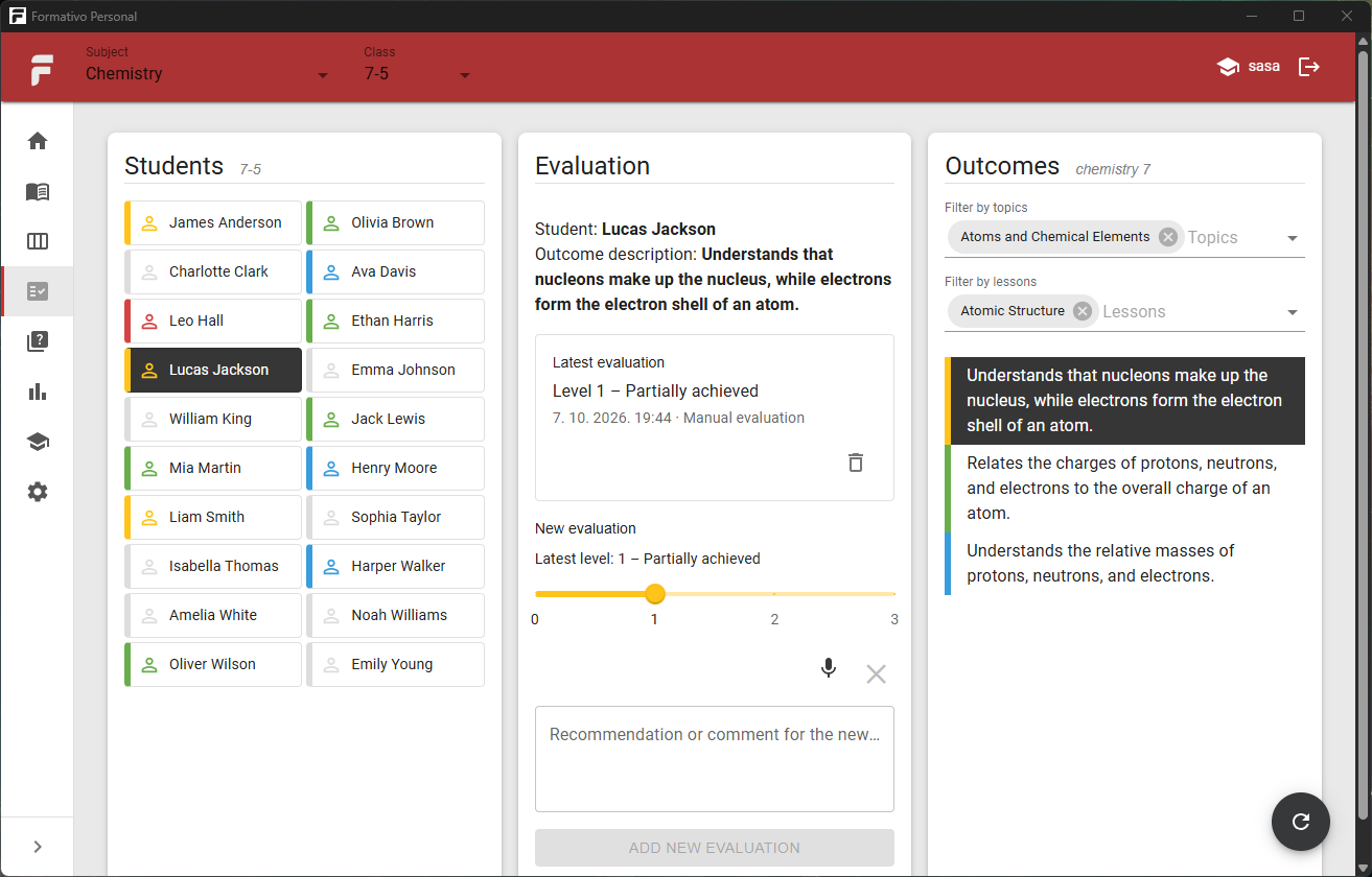 Formativo outcome assessment screen